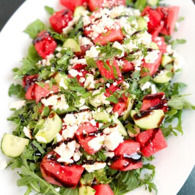 watermelon and arugula salad with cucumber mint feta balsamic glaze